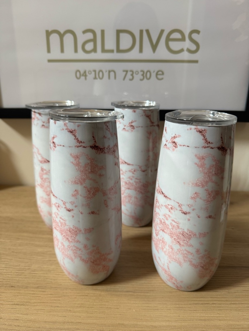 Rose Marble 14oz Stemless Champagne Stainless Steel Tumbler with Lids Set of 4